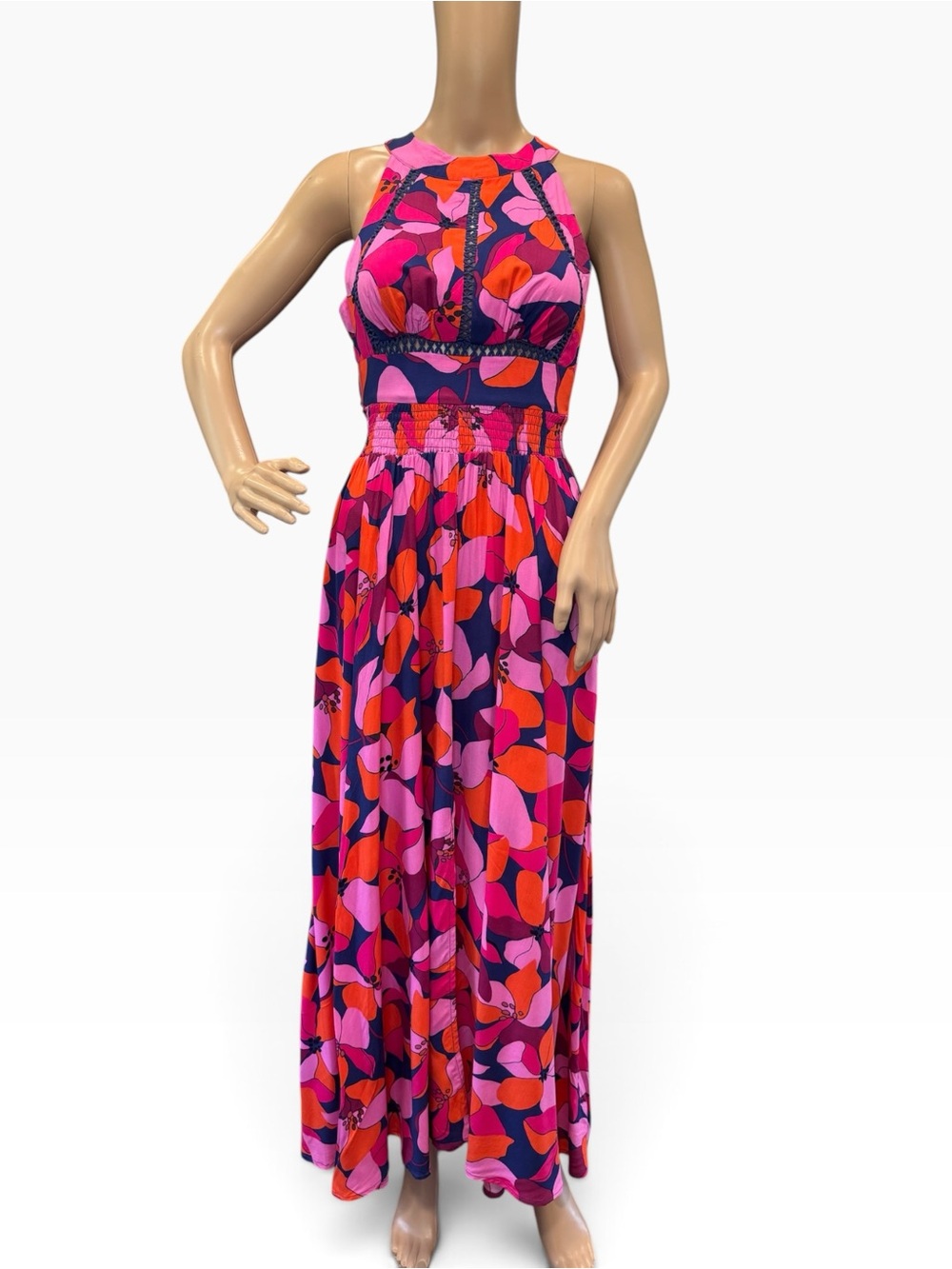Able The Label Maxi Dress Size XS Vibrant Pink & Orange Floral Halter Leg Slit